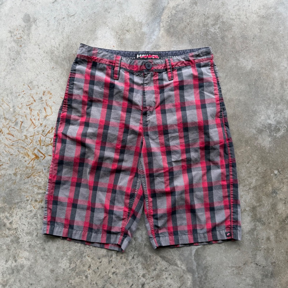 Tony Hawk Mens Plaid Skater Shorts Red Grey Size 30 Flat Front Cotton Blend